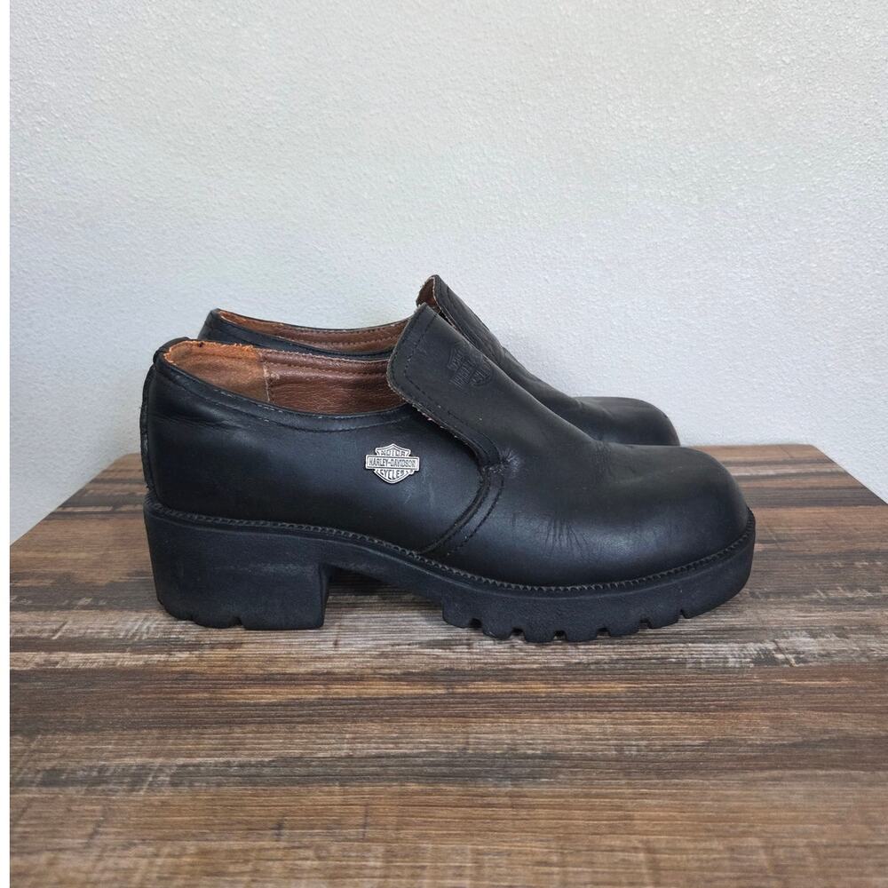 Harley-Davidson Woman's Black Leather Chunky Platform Loafers Size 7.5